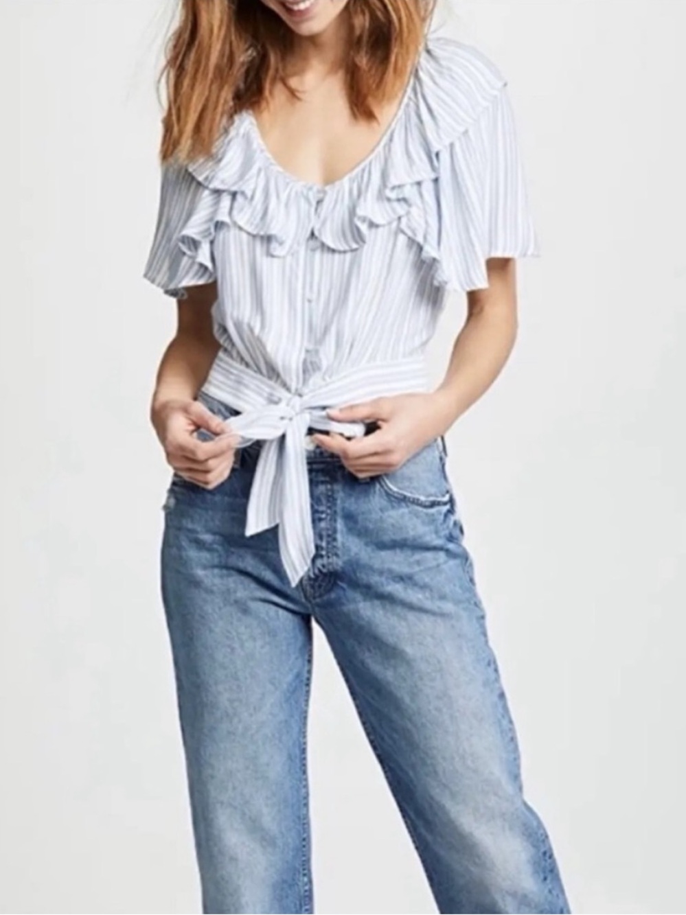 NWT Free People “The Rosemary” Blouse in Blue and Ivory White